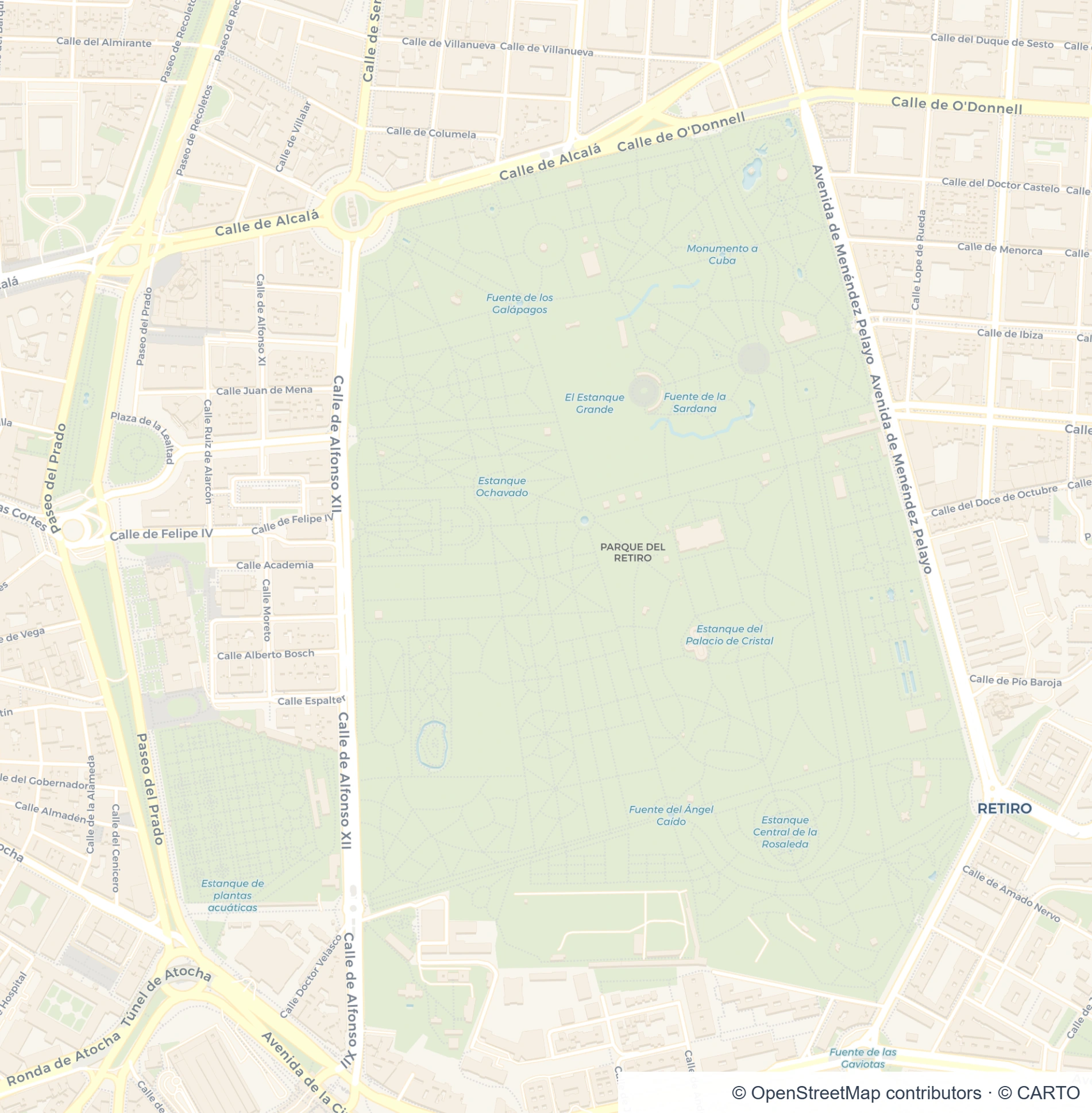 OpenStreetMap basemap of Madrid's Retiro Park, aligned with the DXF preview